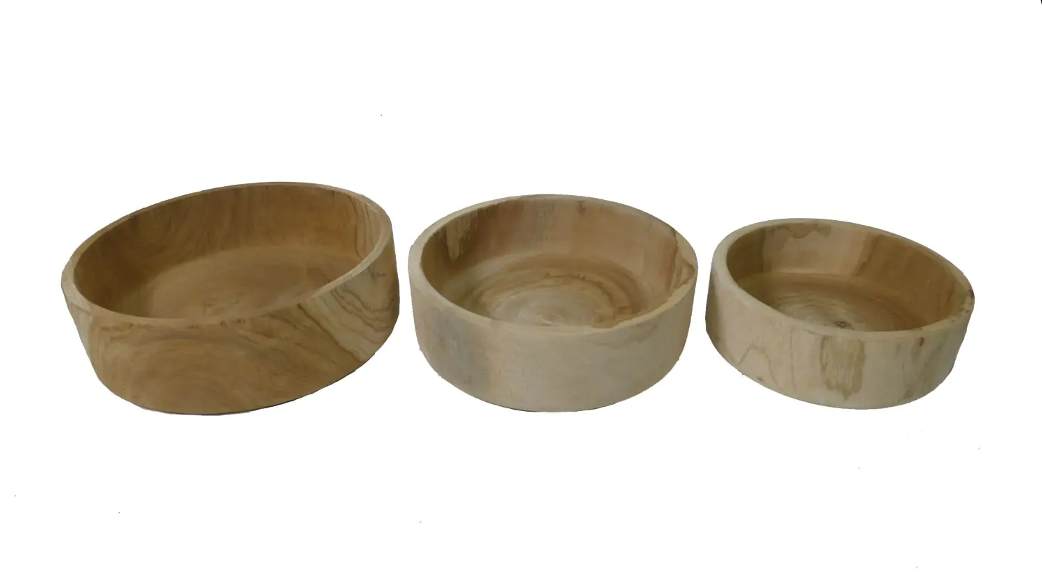  Product image 3 of the product “Salad bowls round, flat from teak root wood, Set of 3. Sizes: L: 31x31x10cm H. M:28x28x9cm H. S: 23x23x8cm H. ”